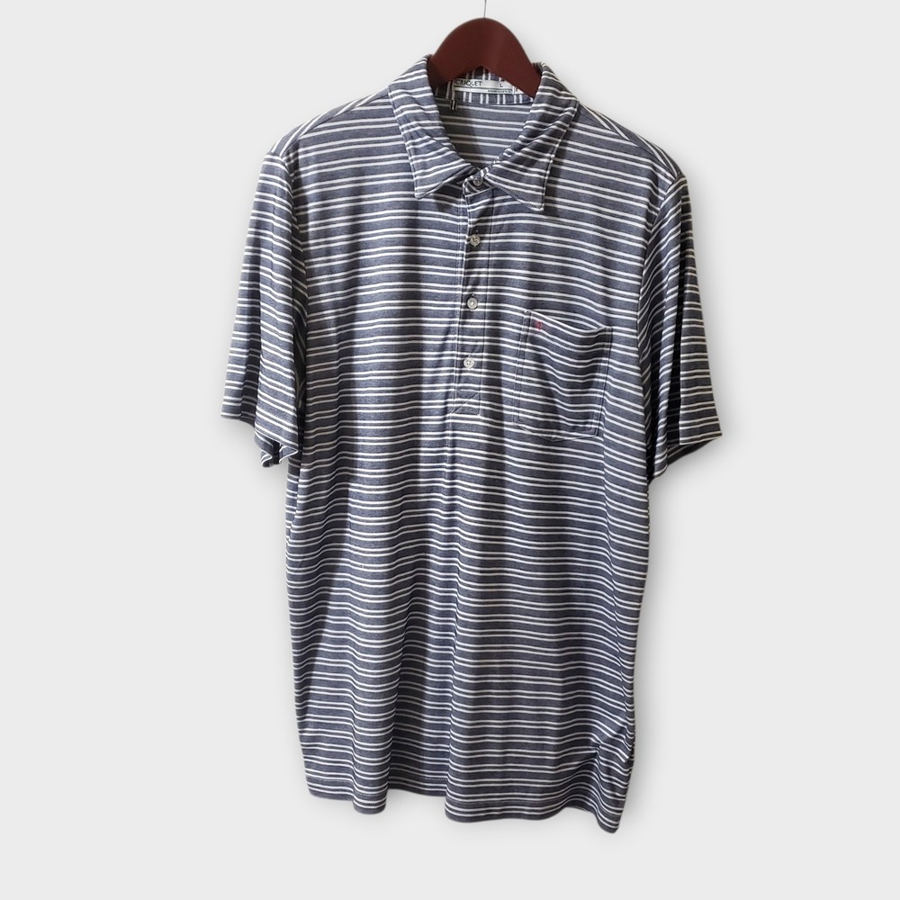Criquet Players Knit Polo Shirt Large Blue White Striped Short Sleeve Pocket